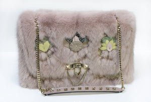VALENTINO Demilune Dusty Pink Mink Fur Rockstud Flap Bag