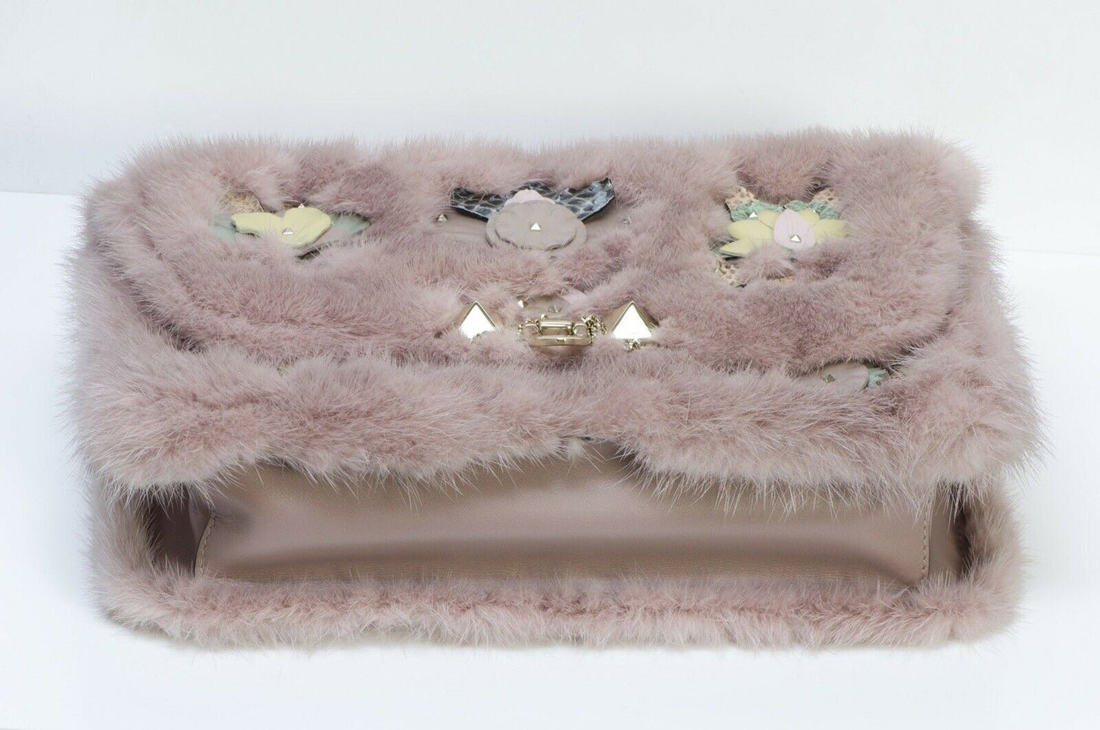 VALENTINO Demilune Dusty Pink Mink Fur Rockstud Flap Bag