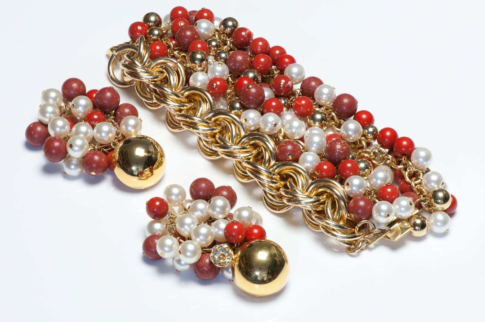 Valentino Garavani Couture 1980’s Pearl Red Beads Chain Earrings Bracelet Set