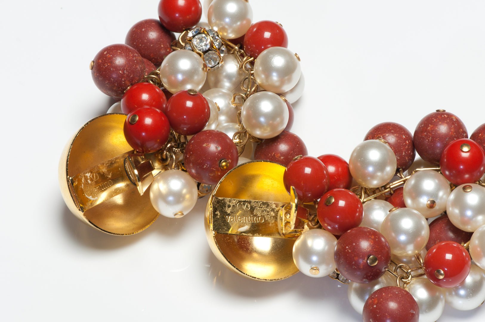 Valentino Garavani Couture 1980’s Pearl Red Beads Chain Earrings Bracelet Set