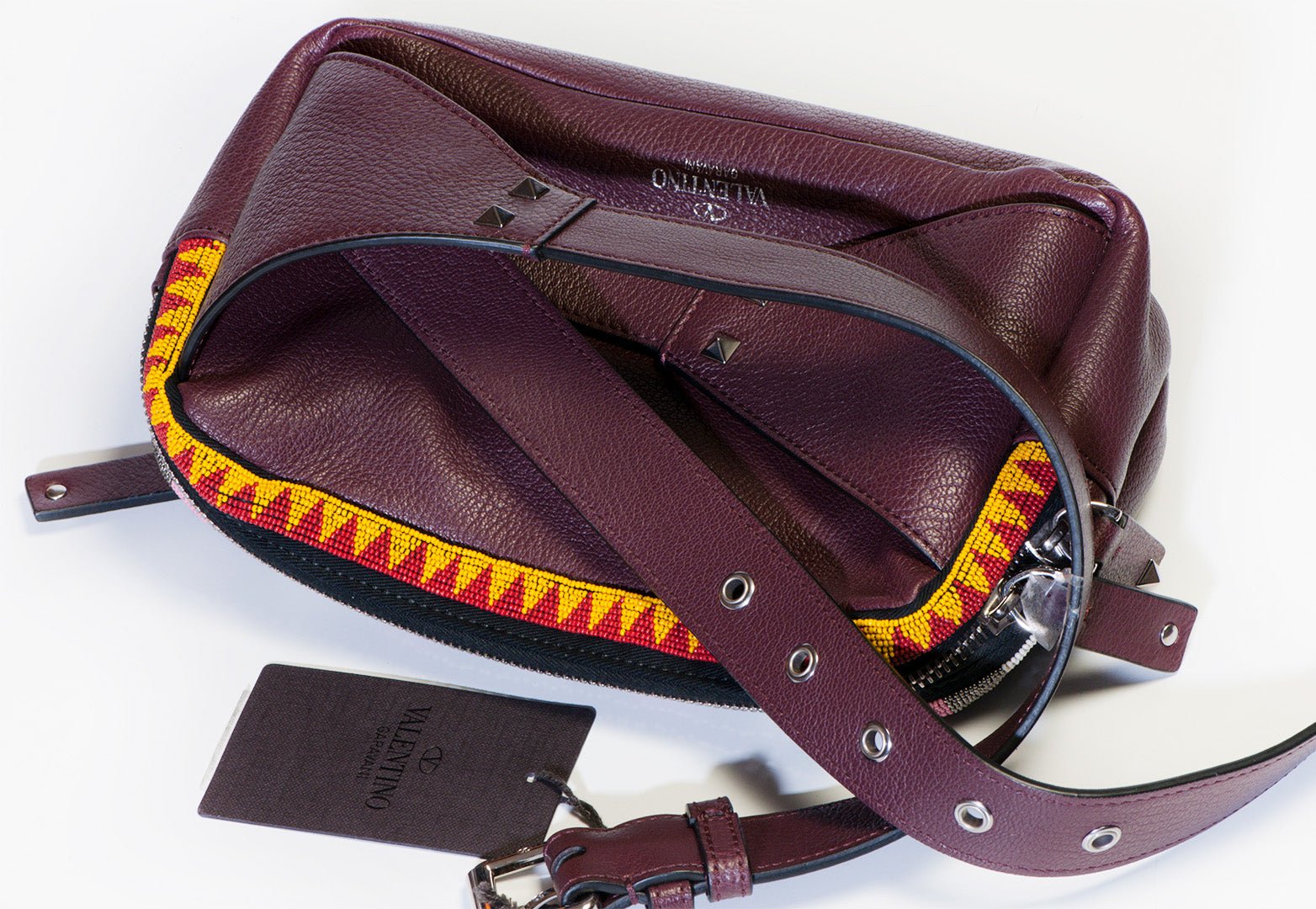 Valentino Spring 2016 Burgundy Leather Beaded Tribal Waist Bag