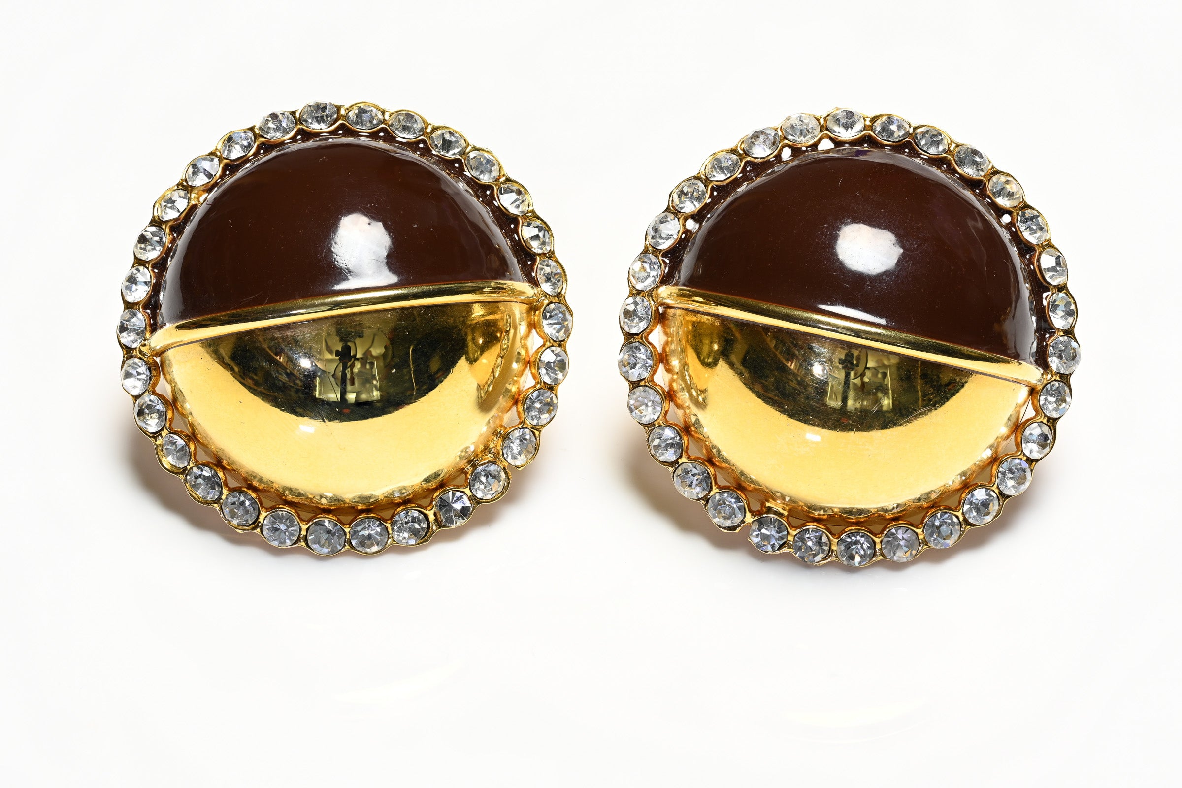 Vintage Valentino Garavani Brown Enamel Crystal Dome Earrings 