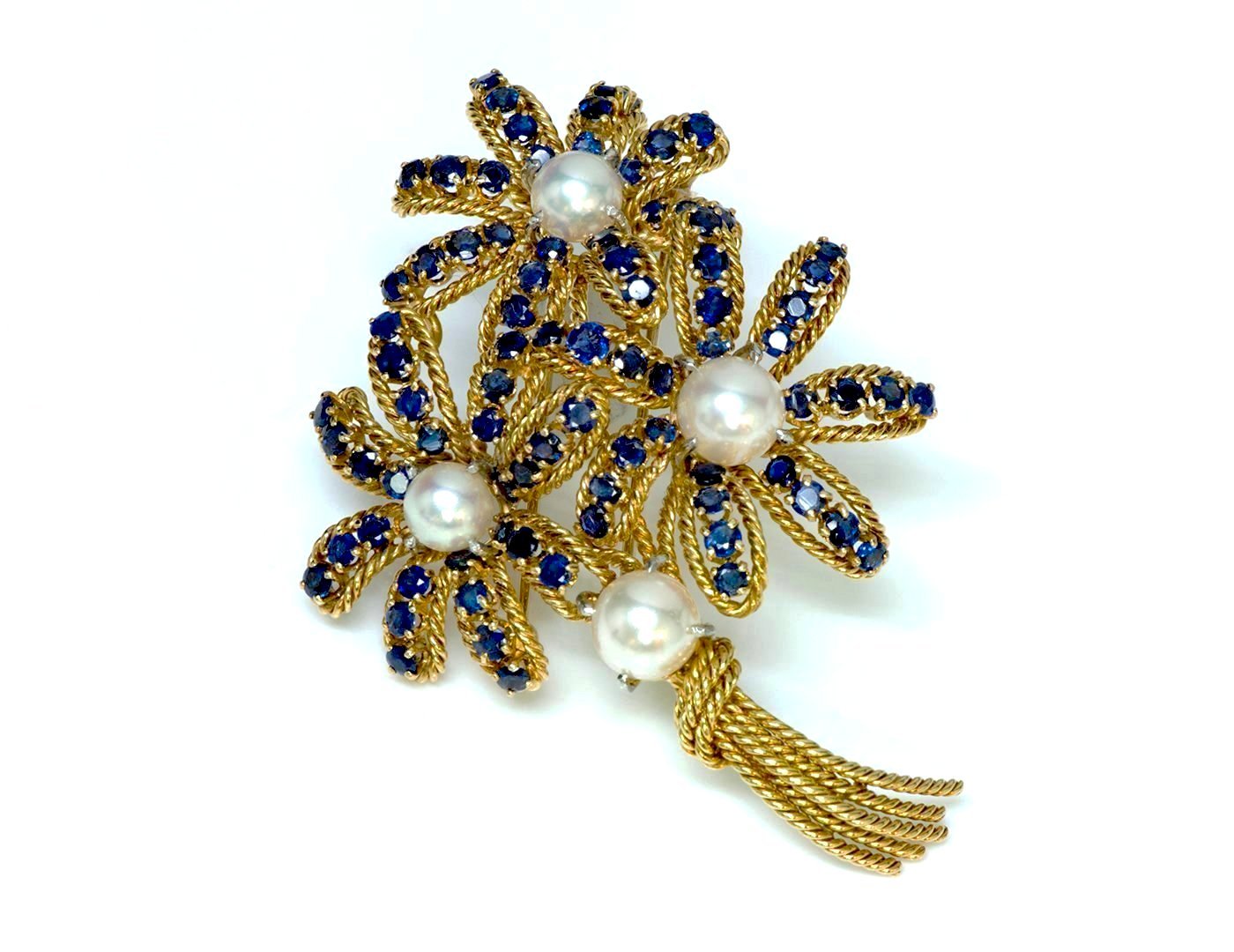 Van Cleef & Arpels 18K Gold Sapphire Pearl Flower Brooch