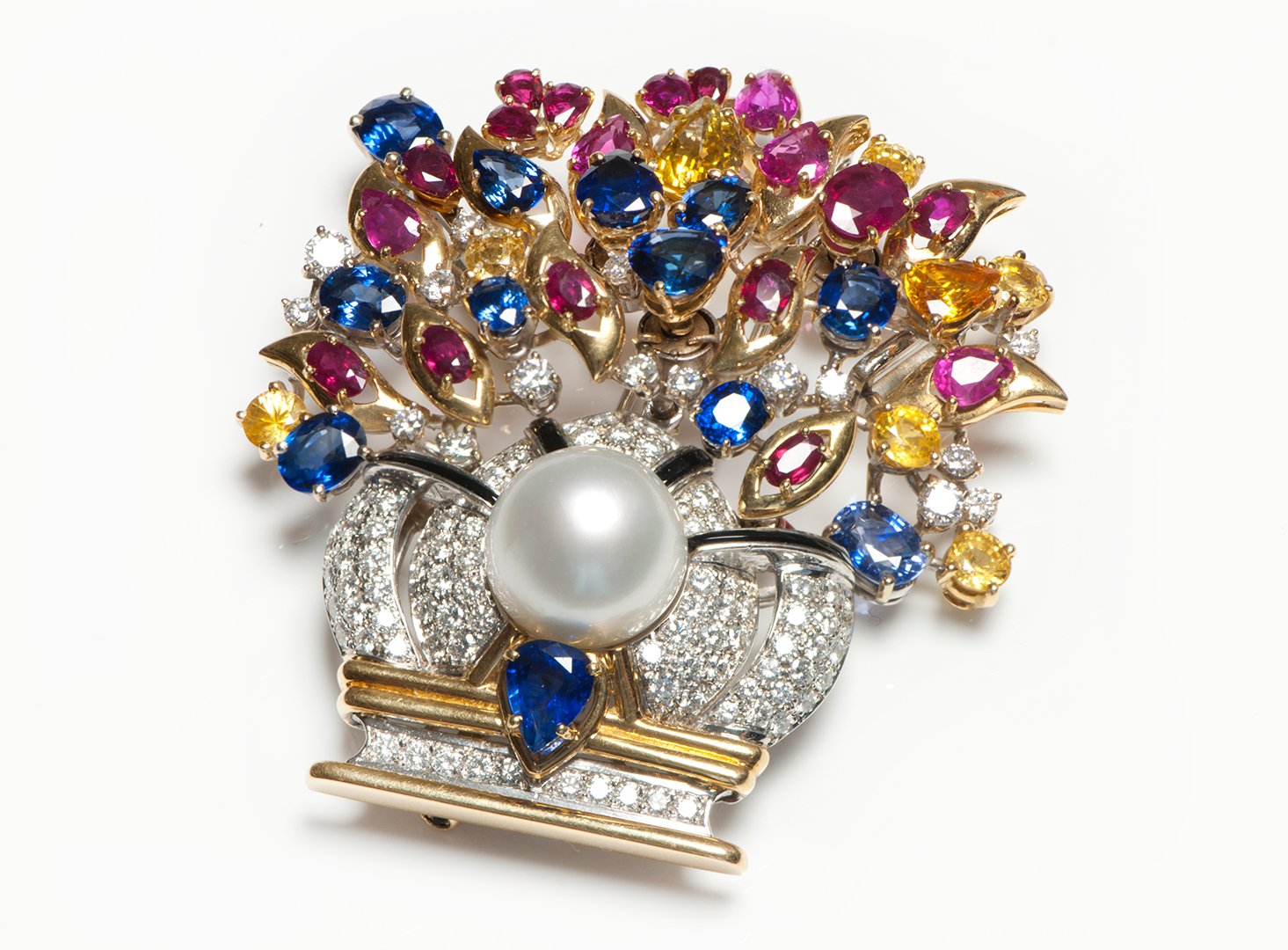 Vibrant Diamond Pearl Multi Gemstone 18K Gold En Tremblant Basket Pendant Brooch