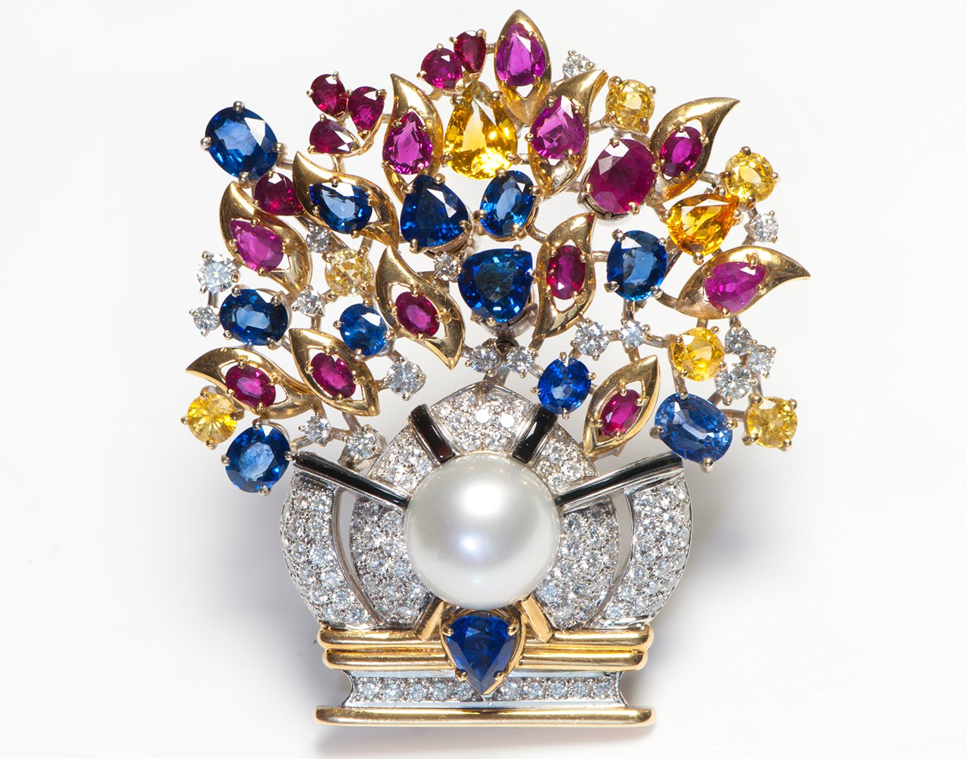 Vibrant Diamond Pearl Multi Gemstone 18K Gold En Tremblant Basket Pendant Brooch