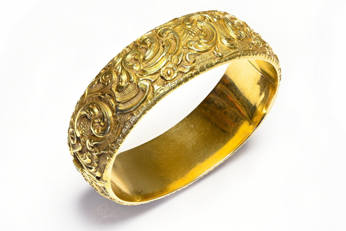Victorian Carved 18K Gold Wide Bangle Bracelet
