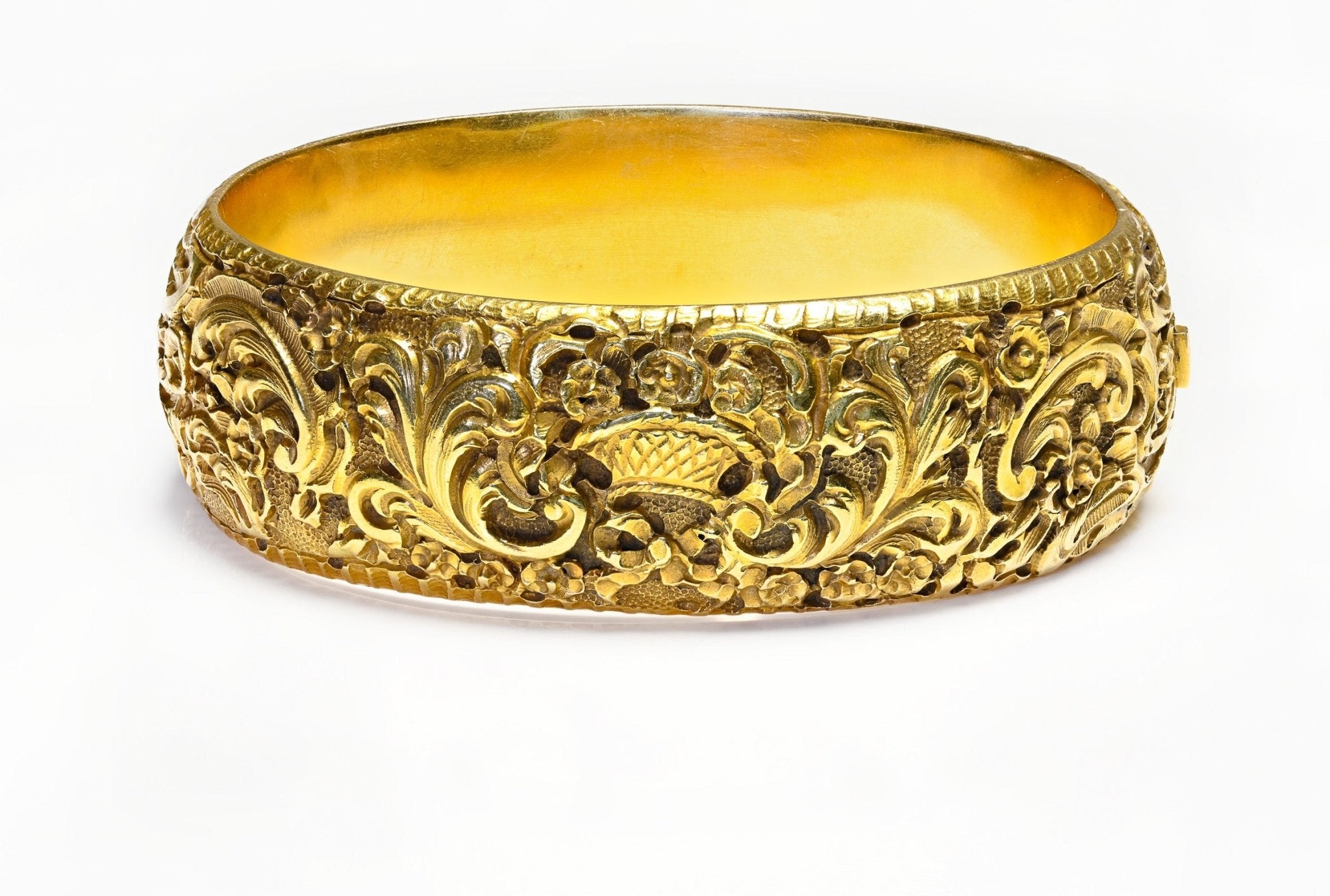 Victorian Carved 18K Gold Wide Bangle Bracelet