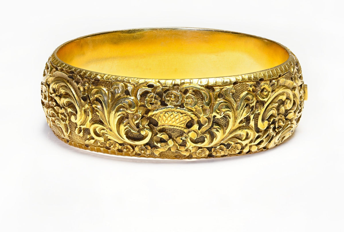 Victorian Carved 18K Gold Wide Bangle Bracelet