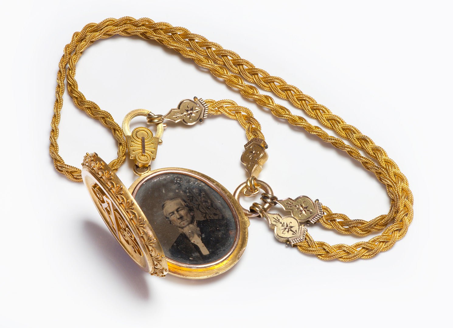 Victorian Etruscan Gold Locket with Attached Woven Mesh Chain
