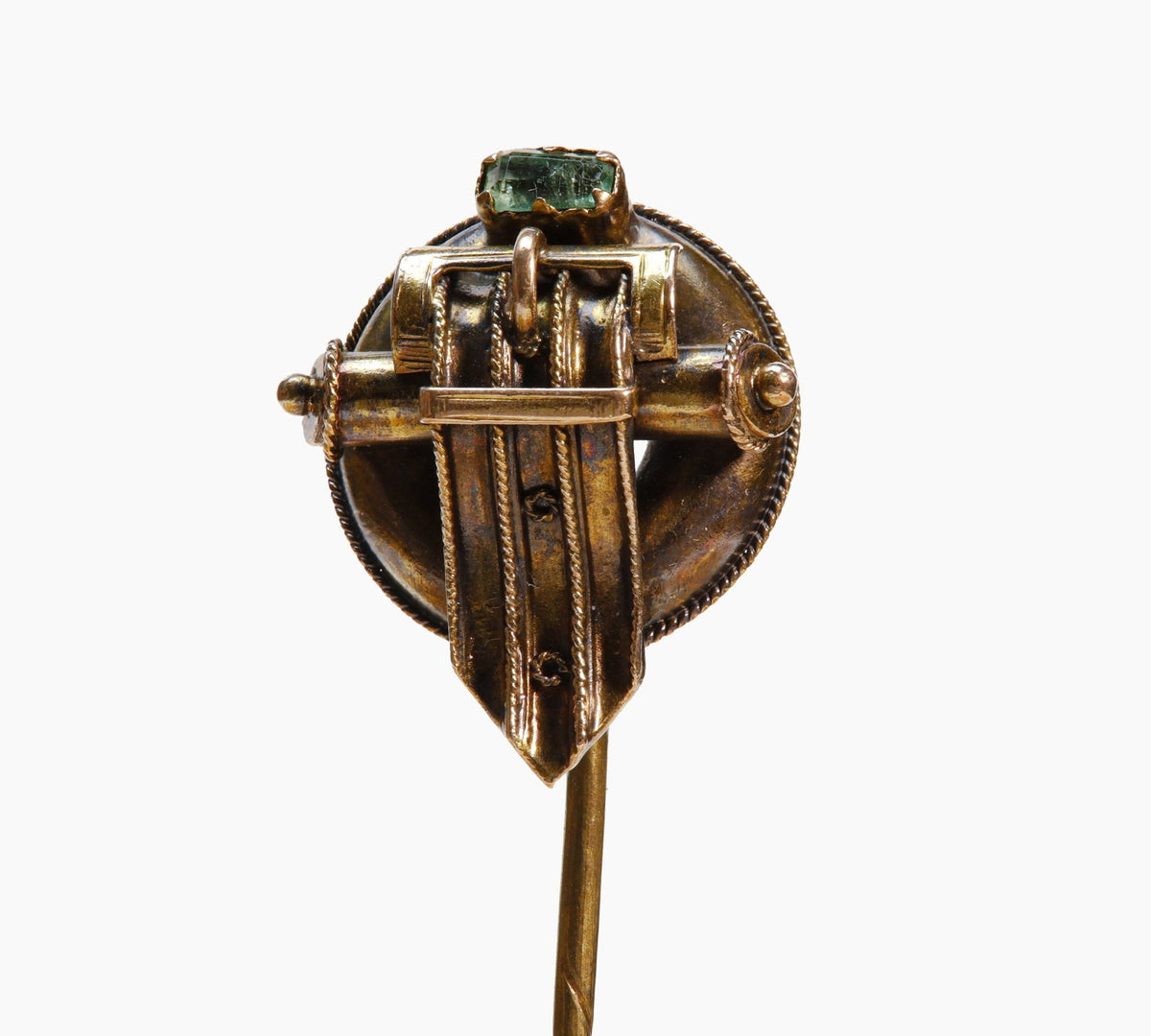 Emerald Shellback Pin Victorian Gold Emerald Buckle Motif Stick Pin