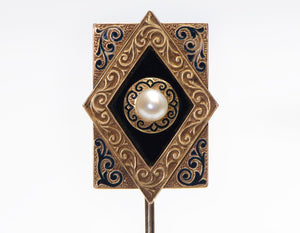 Victorian Gold Pearl Enamel Stick Pin