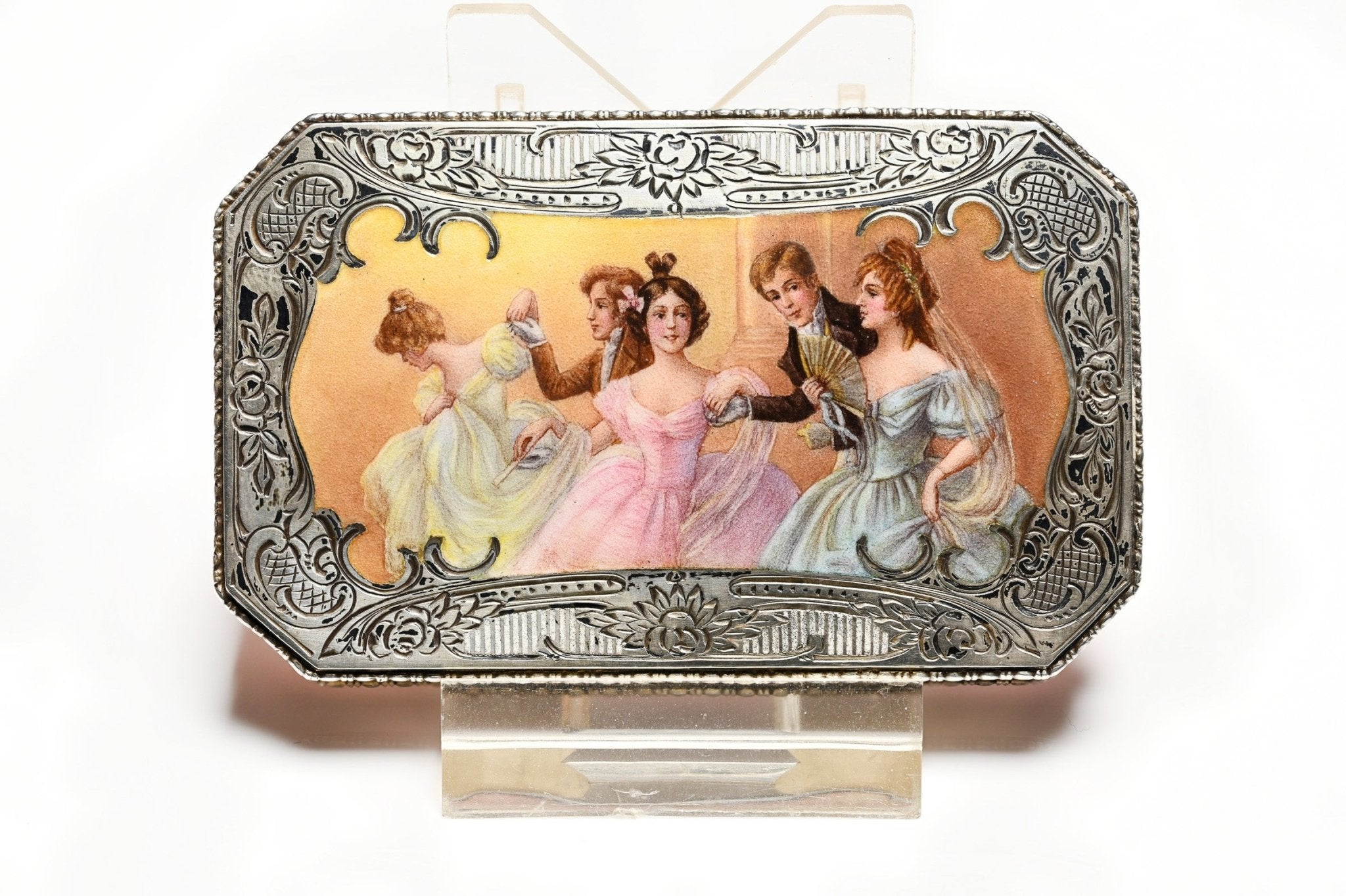 Victorian Revelry: Antique Silver Enamel Case Party Dance Scene Depiction