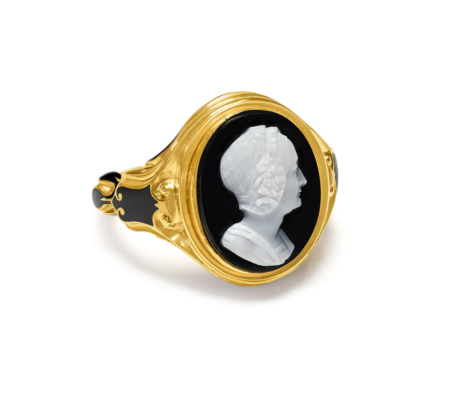 Antique 1840 Victorian Gold Enamel Cameo Portrait Ring