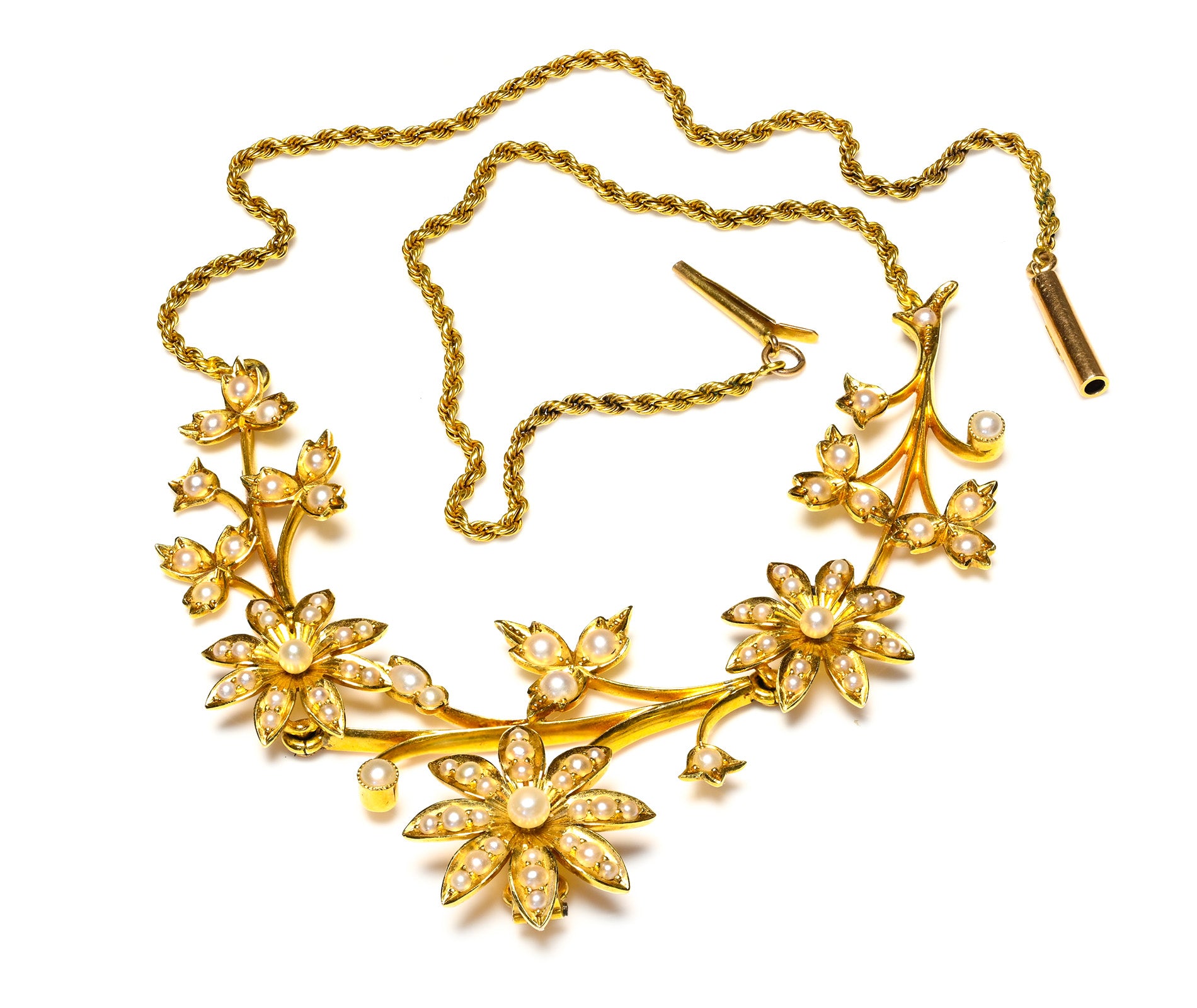 AVictorian 18K Yellow Gold Pearl Floral Necklacetique 