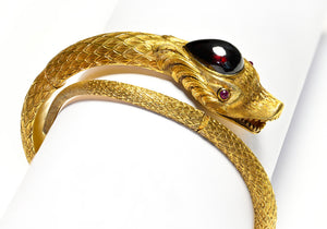 Antique Victorian Gold Snake Bangle Bracelet with Garnet and Ruby