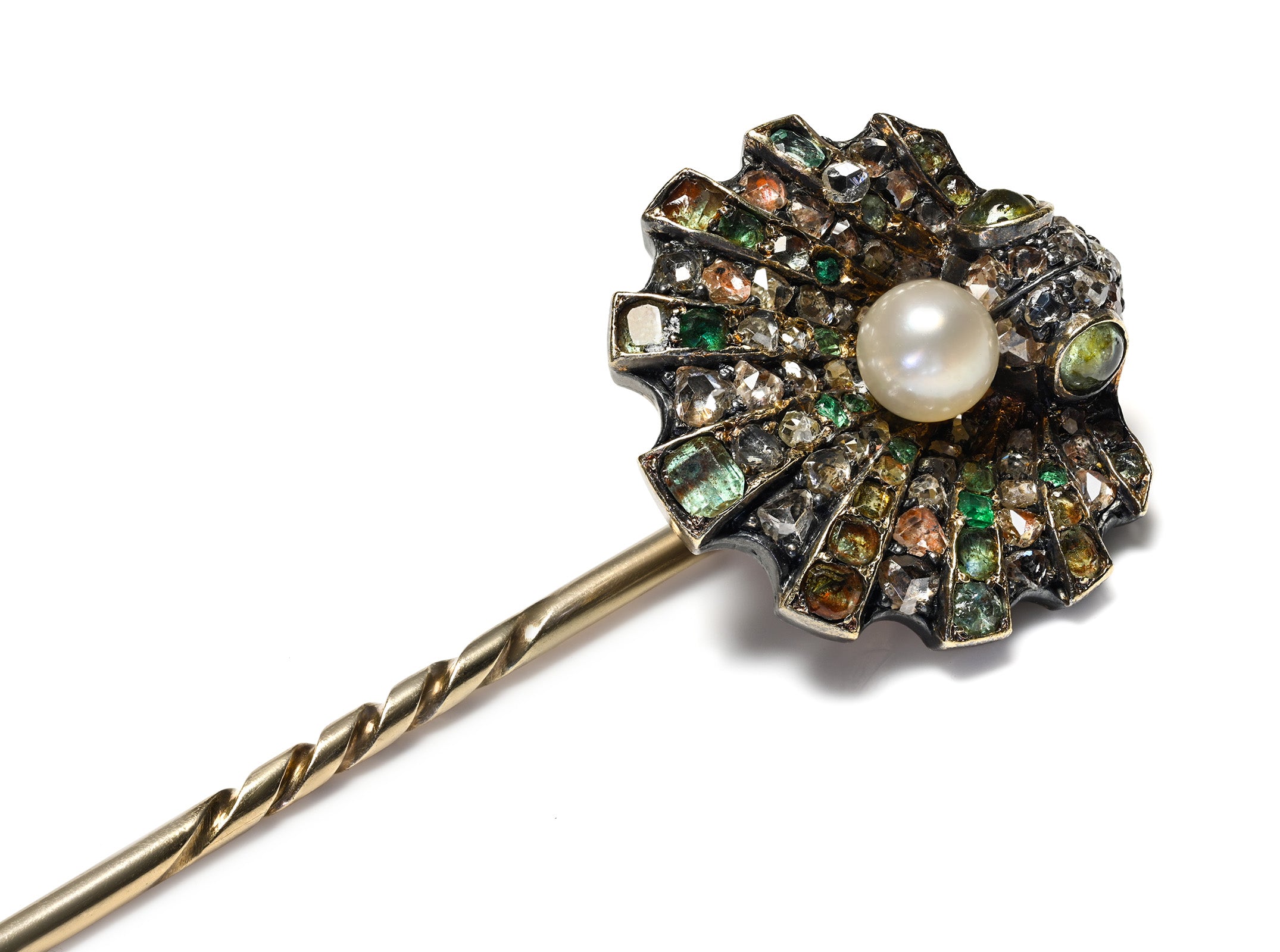 Antique Victorian Gold Floral Stick Pin with Pearl, Emeralds Diamonds