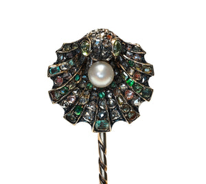 Antique Victorian Gold Floral Stick Pin with Pearl, Emerald, and Diamond