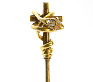 Victorian Snake & Cross Stickpin – 14K Gold with Rose Cut Diamond
