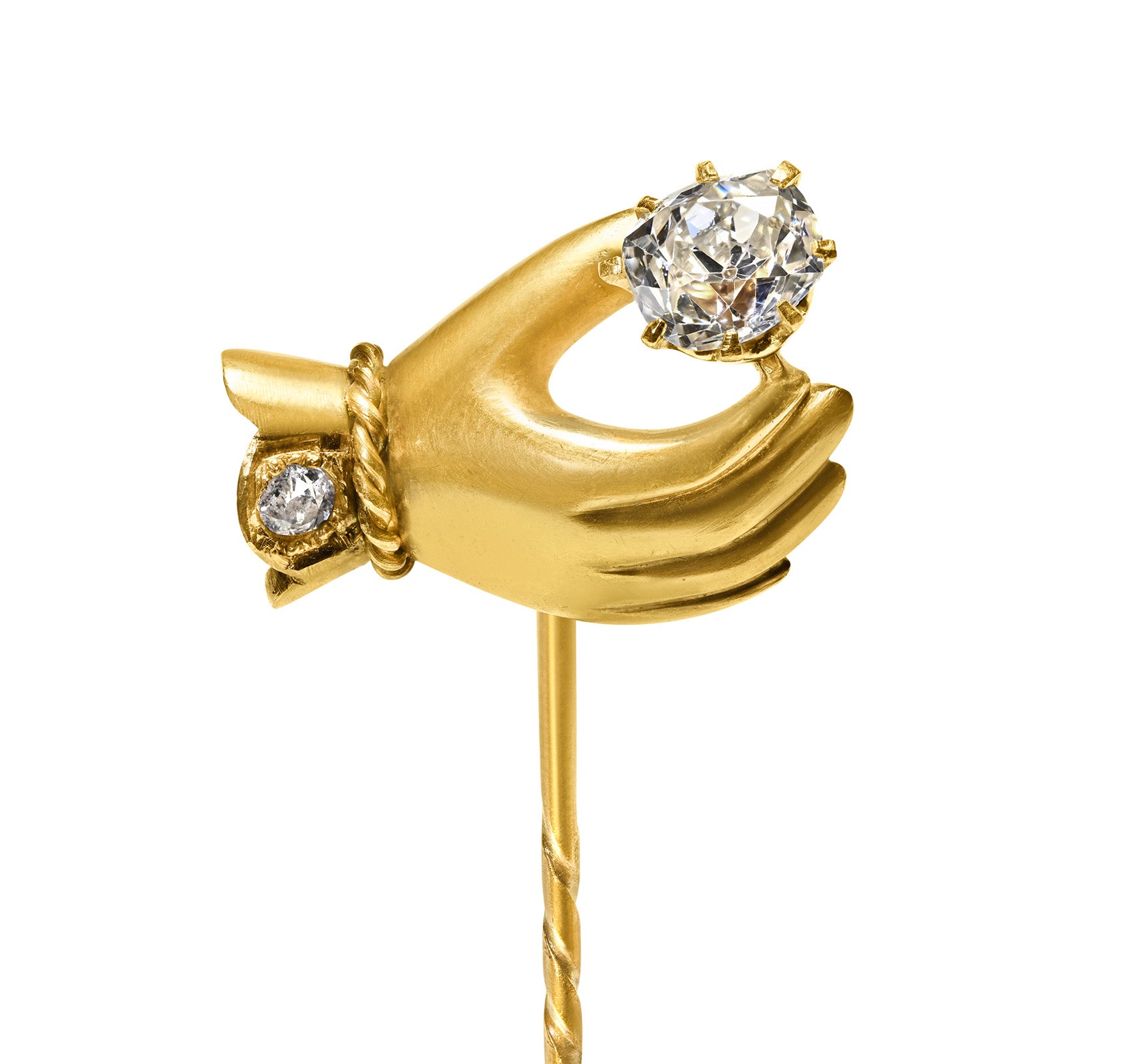 Antique Victorian Gold Hand Stick Pin with Old Mine Cut Diamond