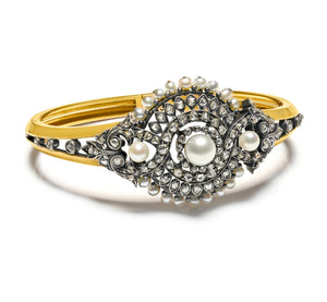 Antique Victorian Gold Diamond and Pearl Bangle Bracelet
