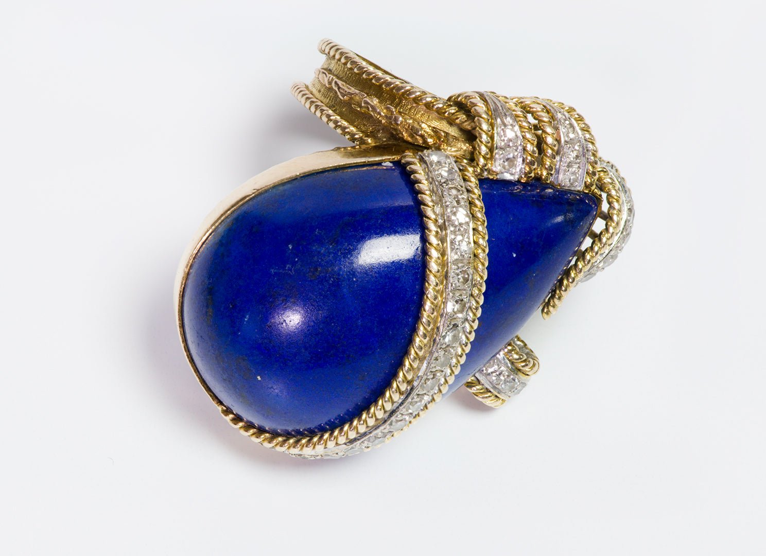 Vintage 14K Yellow Gold Pear Shape Cabochon Lapis & Diamond Ring