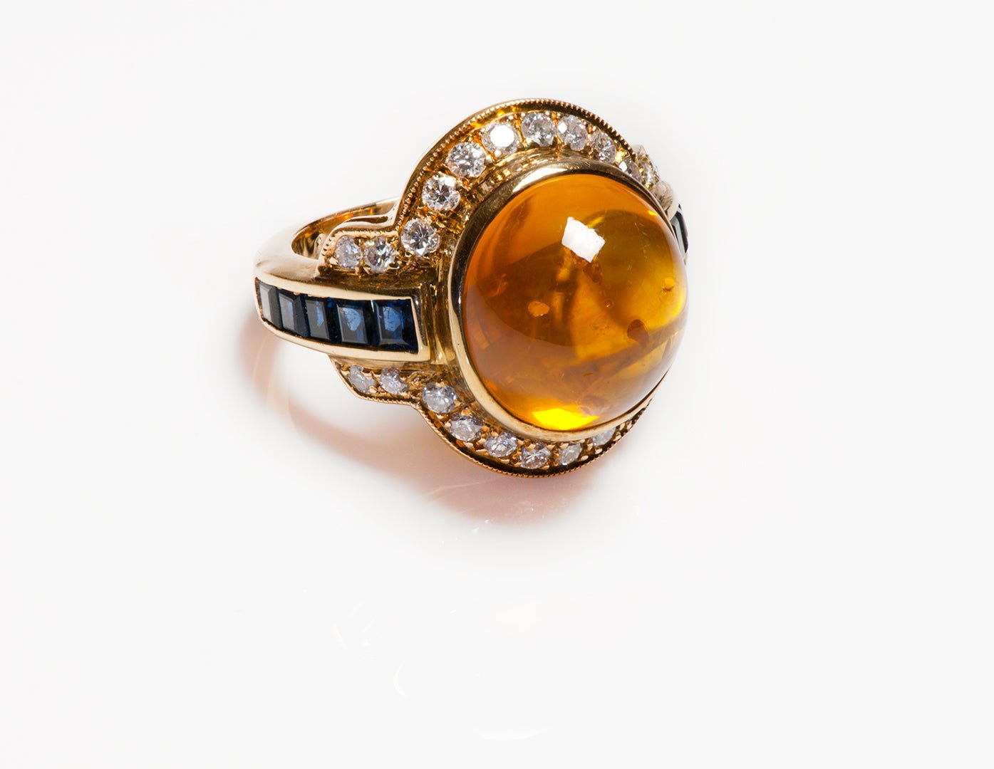 Vintage 18K Gold Amber Diamond Sapphire Ring