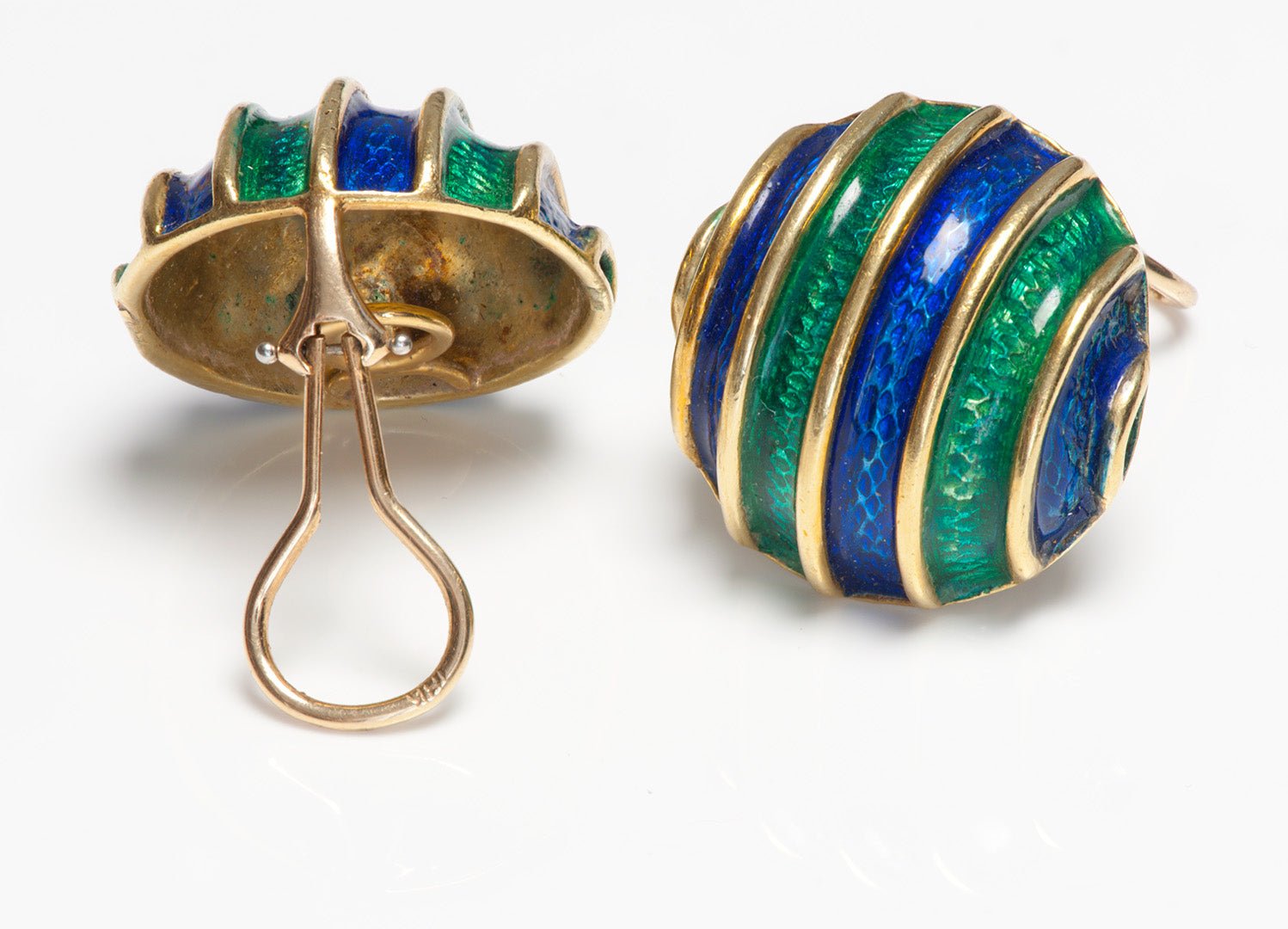 Vintage 18K Gold Blue and Green Enamel Earrings