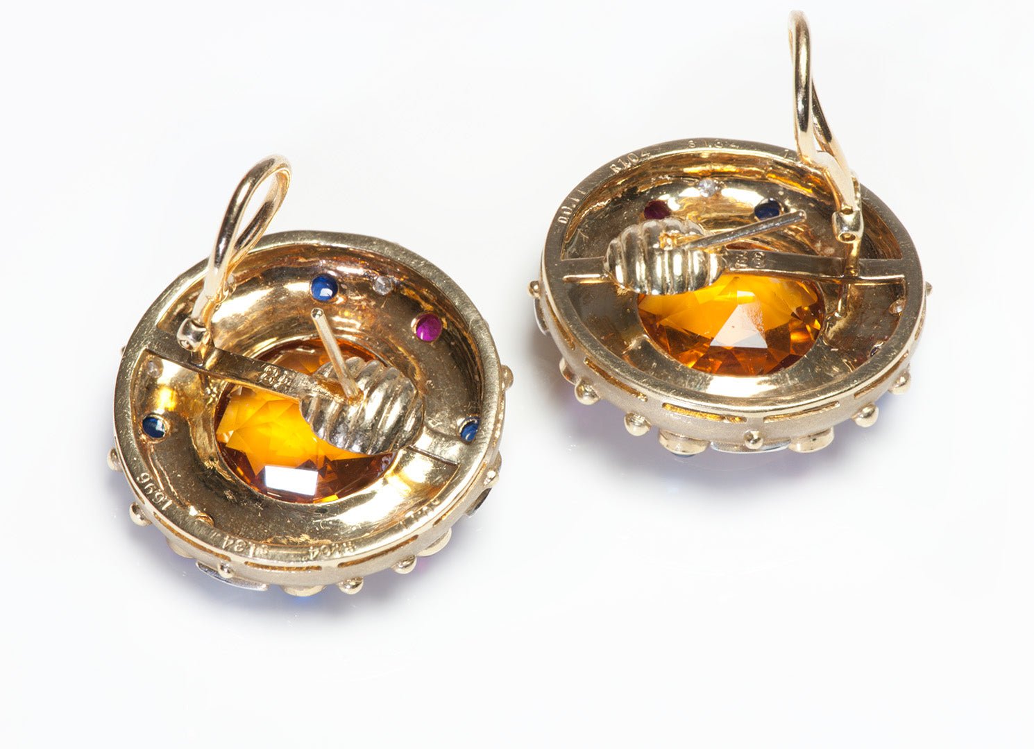 Vintage 18K Gold Citrine Diamond Sapphire Ruby Earrings