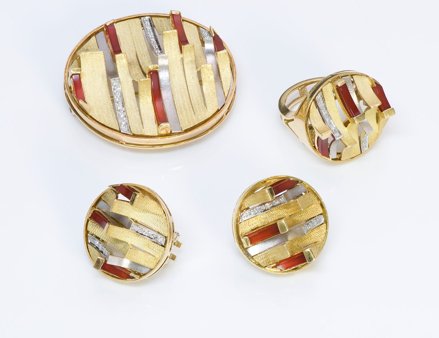 Vintage 18K Gold Diamond Carnelian Earrings Ring Brooch Set