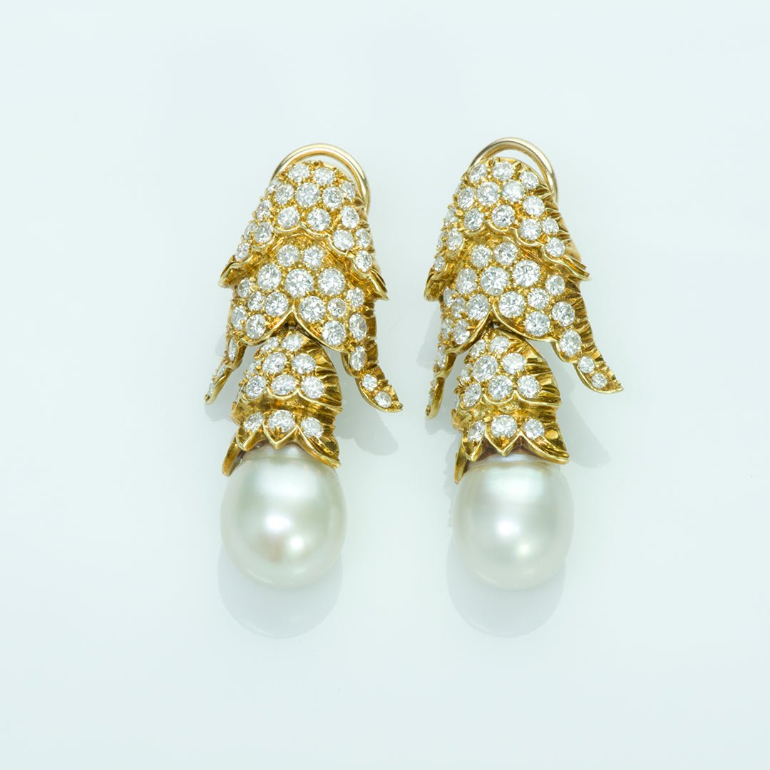 Vintage 18K Gold Diamond Pearl Earrings