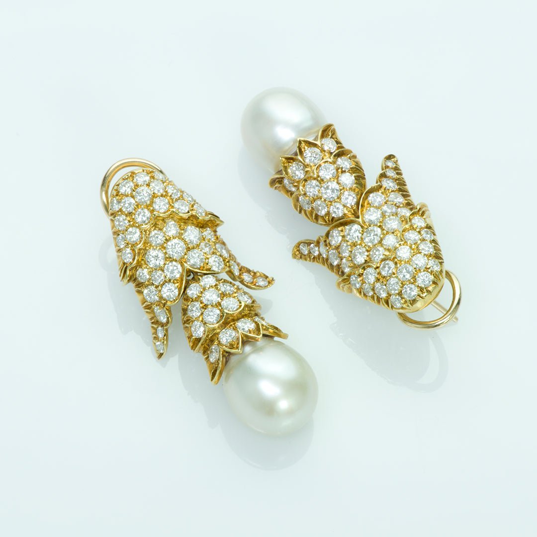 Vintage 18K Gold Diamond Pearl Earrings