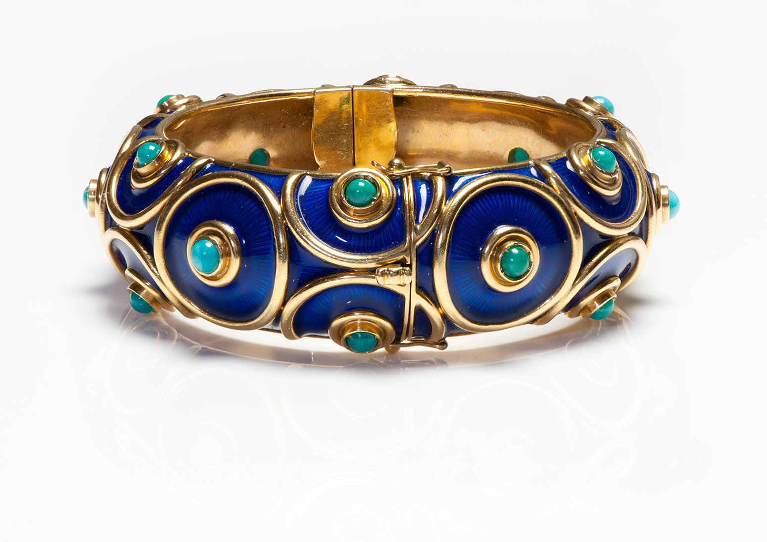 Vintage 18K Gold Enamel Turquoise Bangle Bracelet