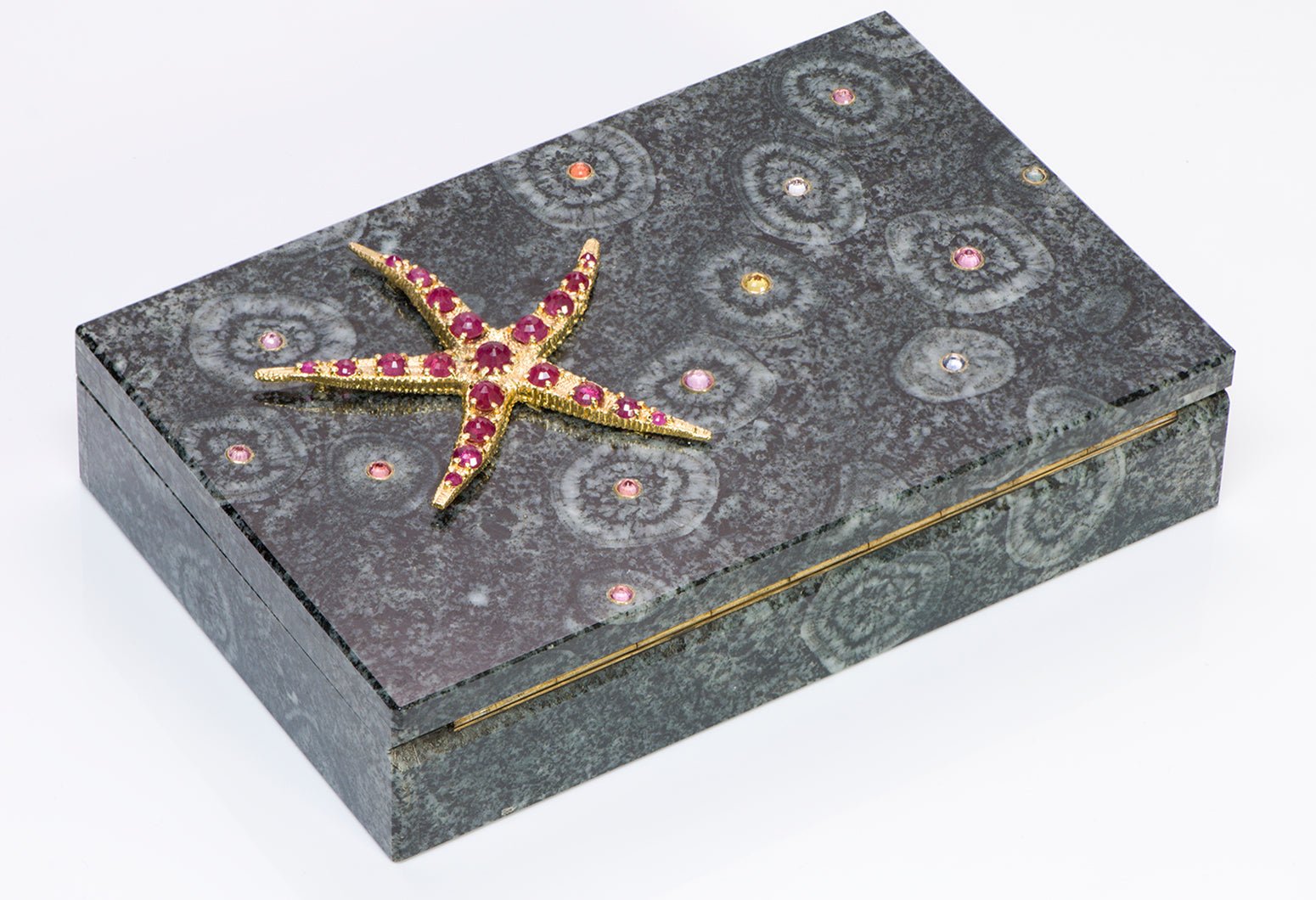 Vintage 18K Gold Gemstone Ruby Starfish Agate Box