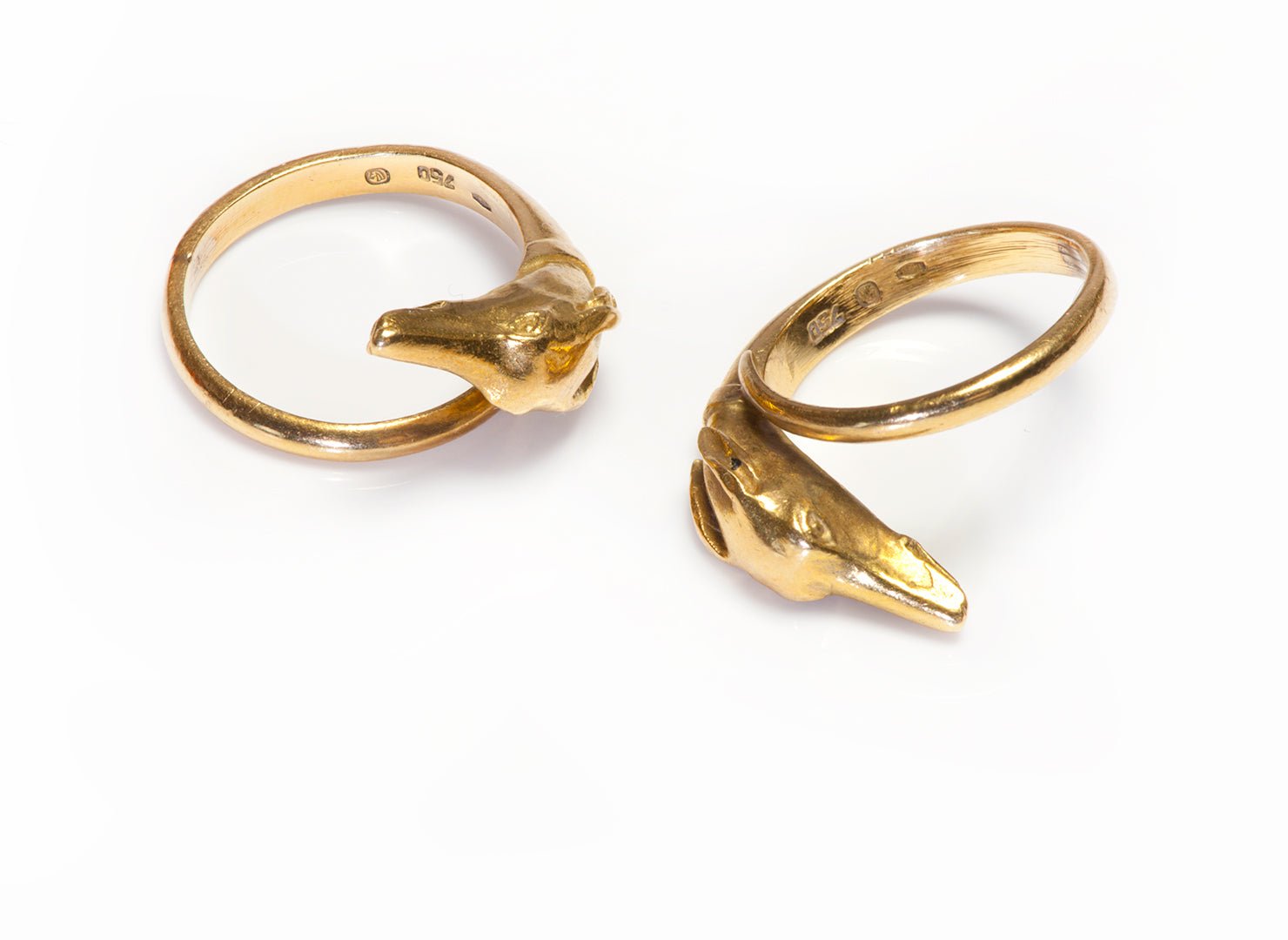 Vintage 18K Gold Handmade Interlocking Greyhound Dog Rings