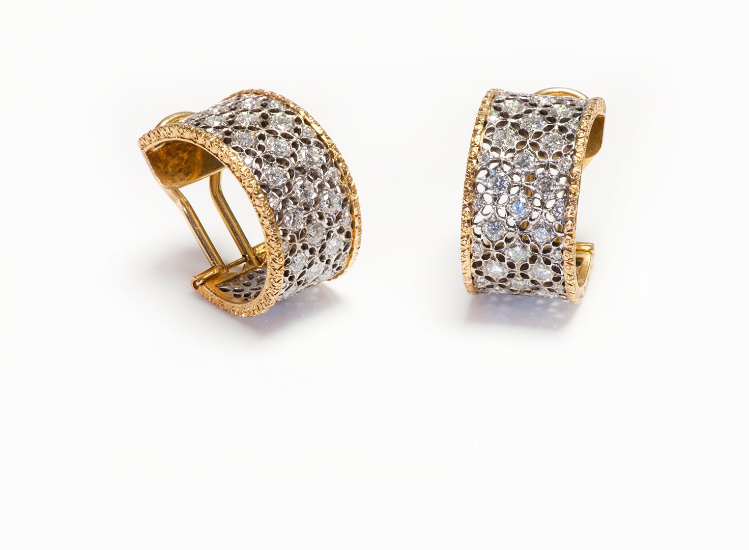 Vintage 18K Gold Lace Diamond Hoop Earrings