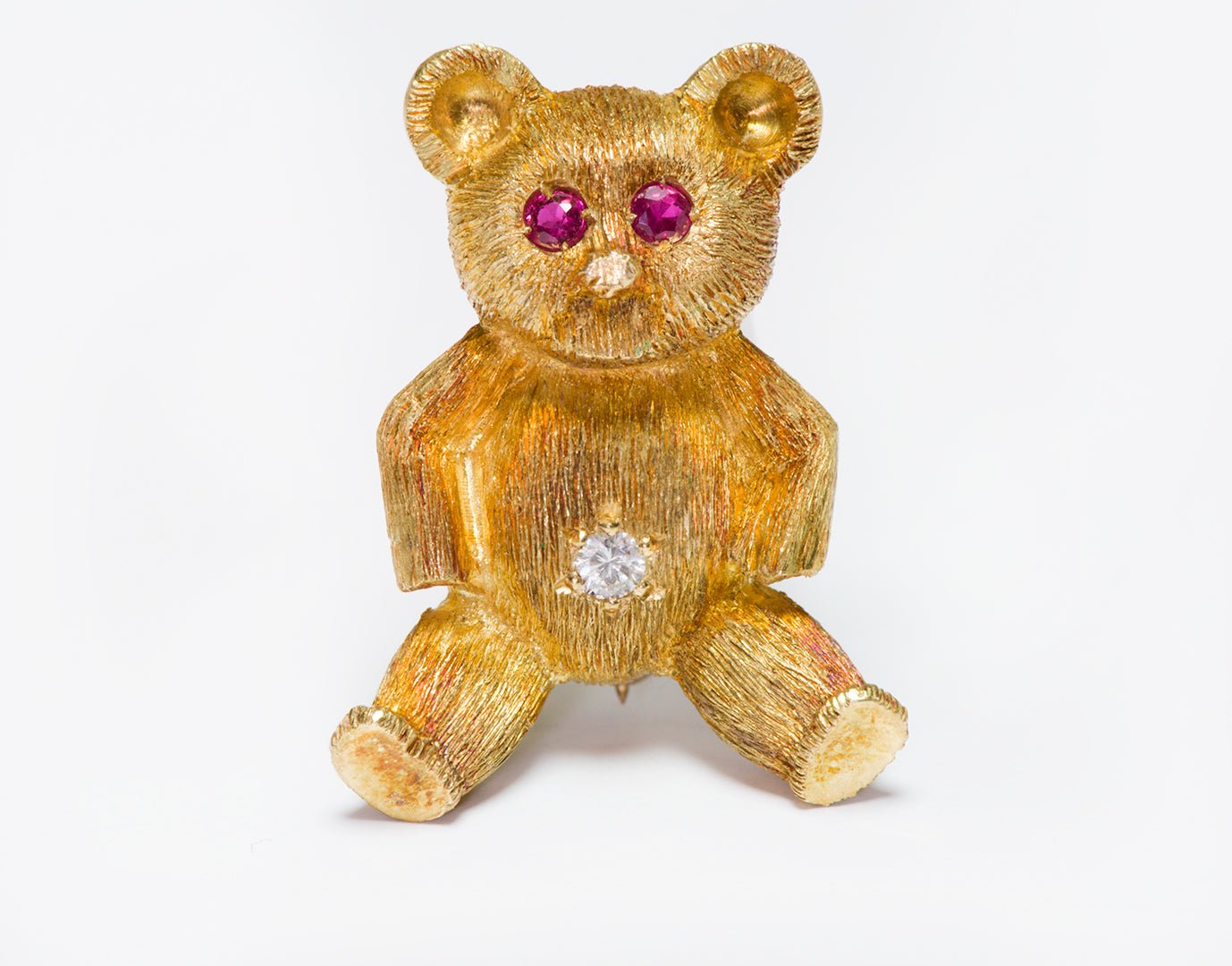 Vintage 18K Gold Ruby Diamond Teddy Bear Brooch
