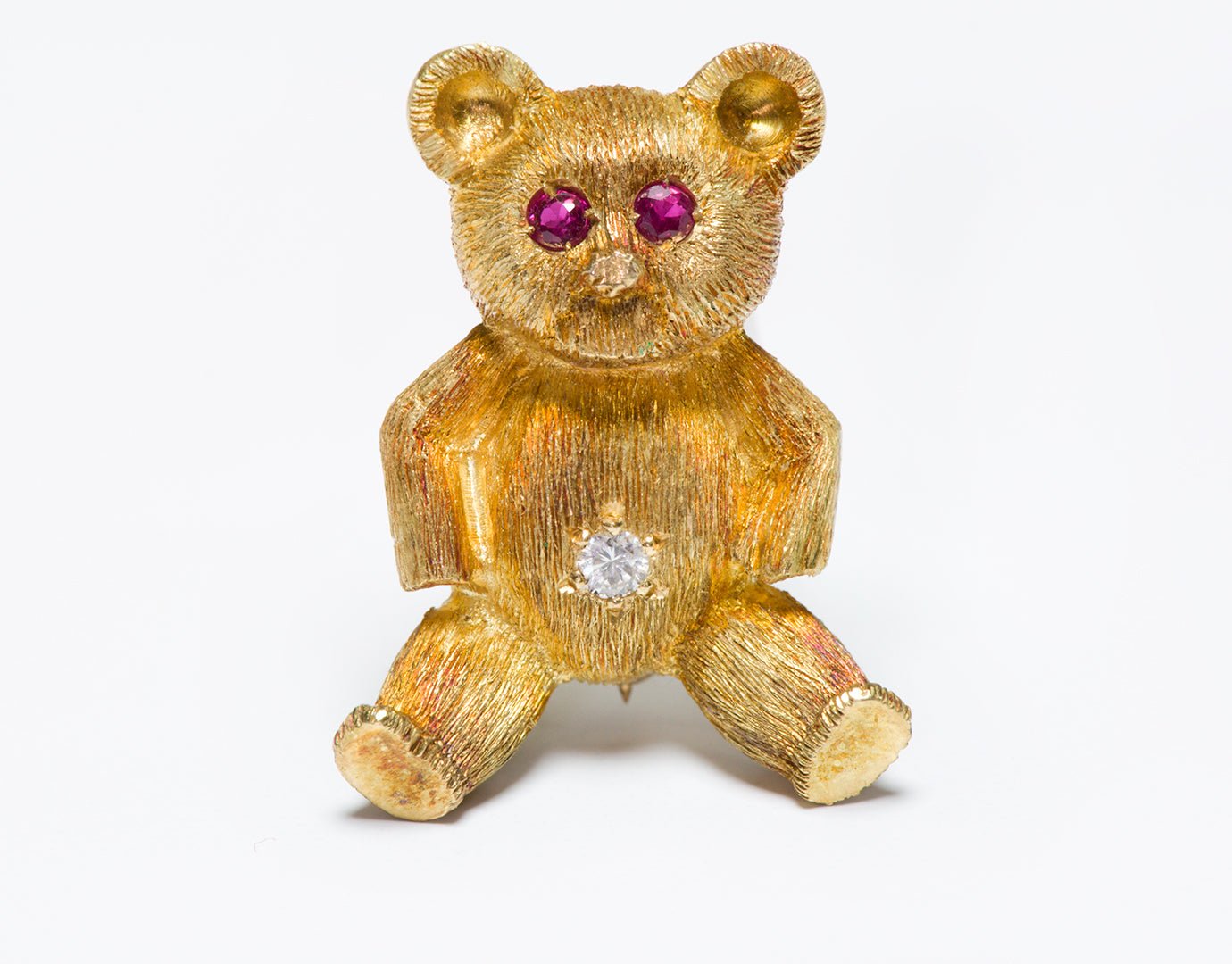 Vintage 18K Gold Ruby Diamond Teddy Bear Brooch
