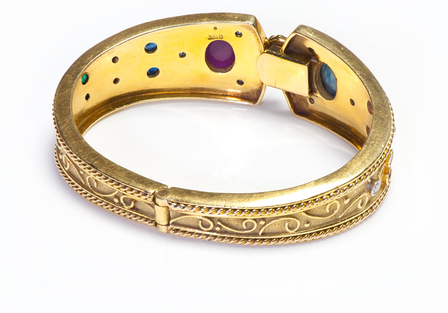 Vintage 18K Gold Ruby Sapphire Emerald Diamond Bangle Bracelet