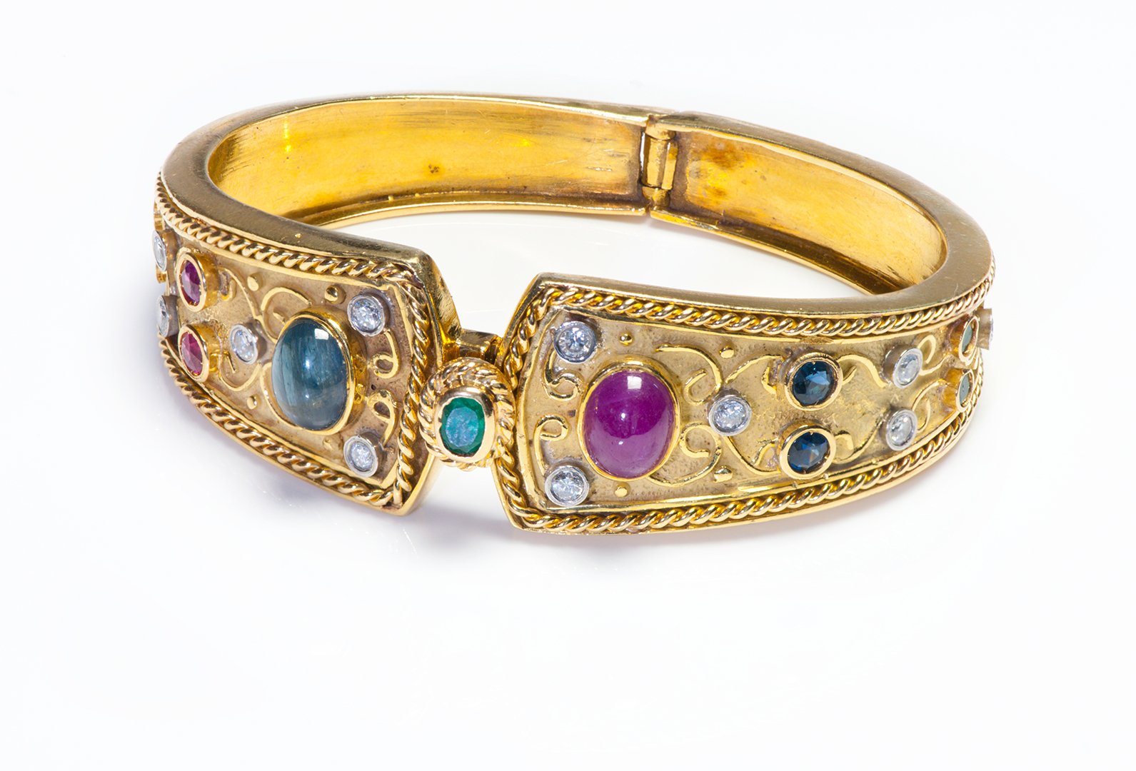 Vintage 18K Gold Ruby Sapphire Emerald Diamond Bangle Bracelet