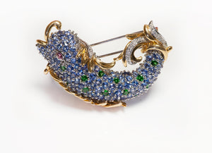 Vintage 18K Gold Tanzanite Diamond Tsavorite Stylized Dolphin Brooch