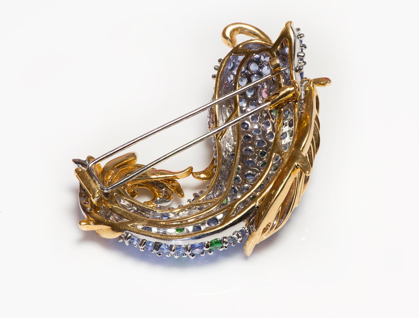 Vintage 18K Gold Sapphire Diamond Tsavorite Stylized Dolphin Brooch