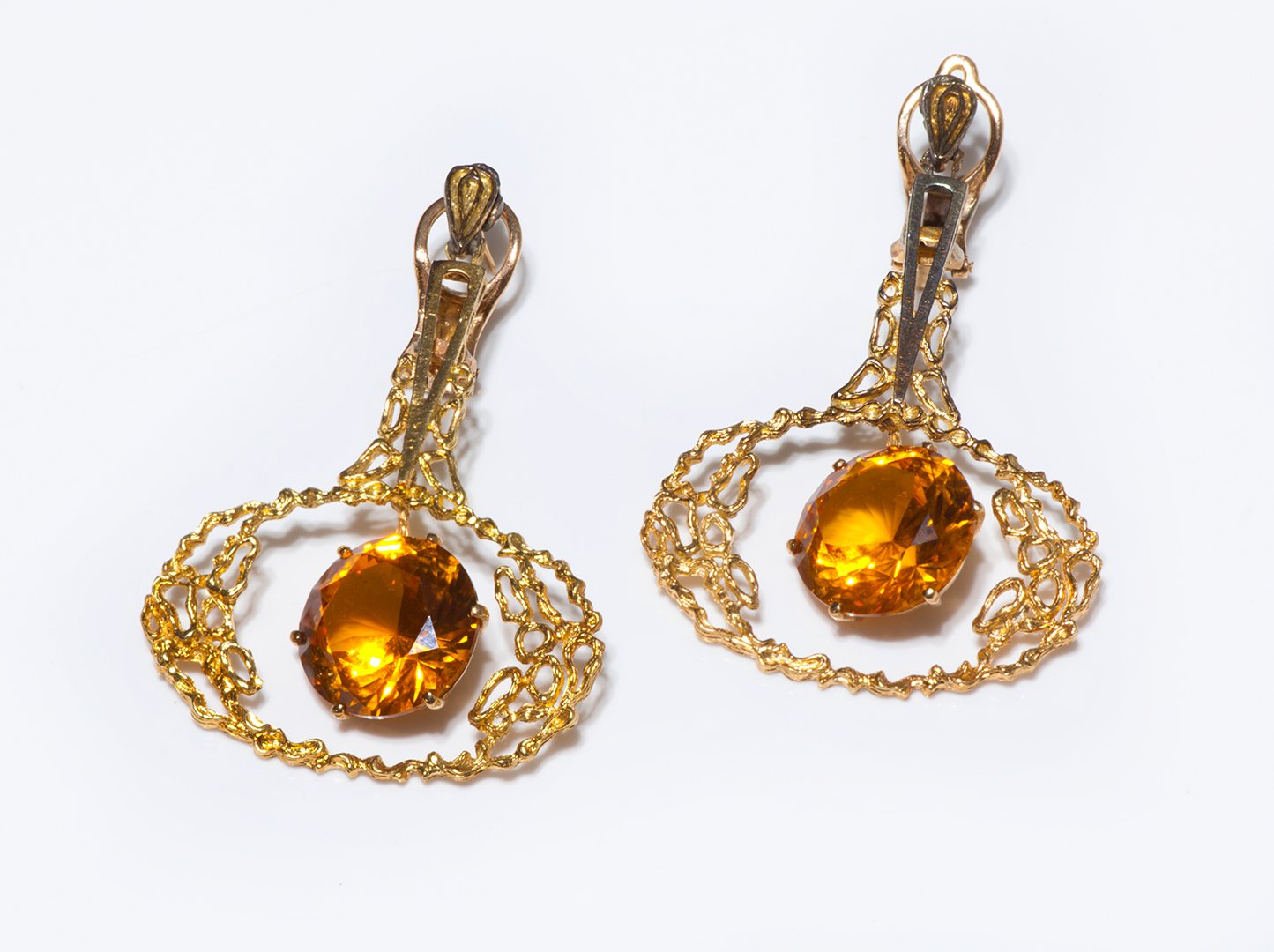 Vintage 18K Textured Gold Citrine Drop Earrings