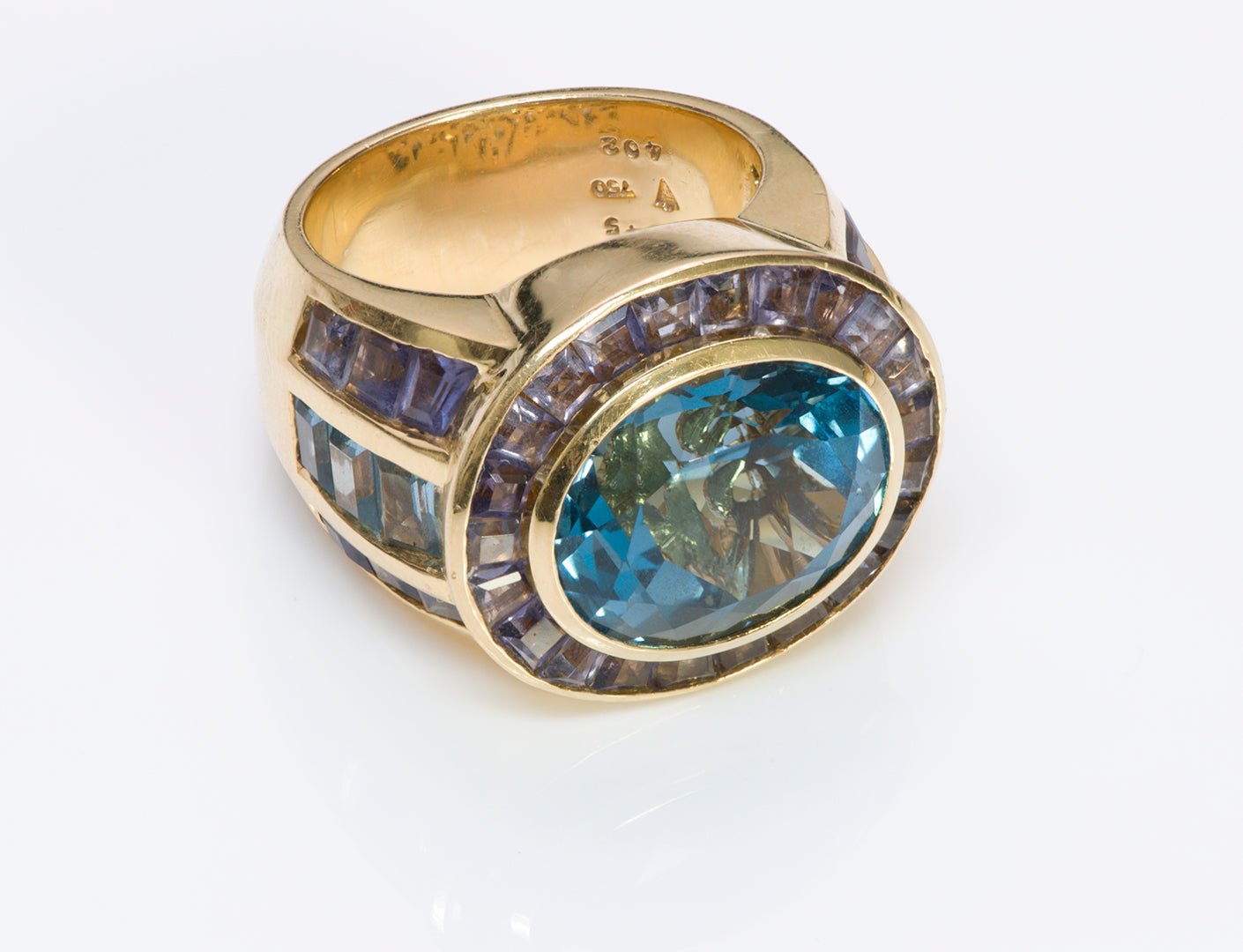 Vintage 18K Yellow Gold Blue Topaz Amethyst Ring