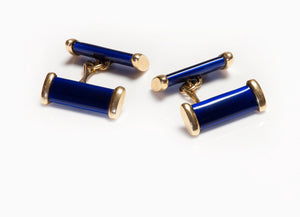 Vintage 18K Yellow Gold Blue Enamel Bar Cufflinks