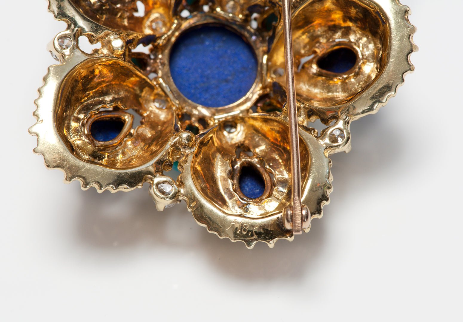 Vintage 18K Yellow Gold Lapis Turquoise Diamond Brooch