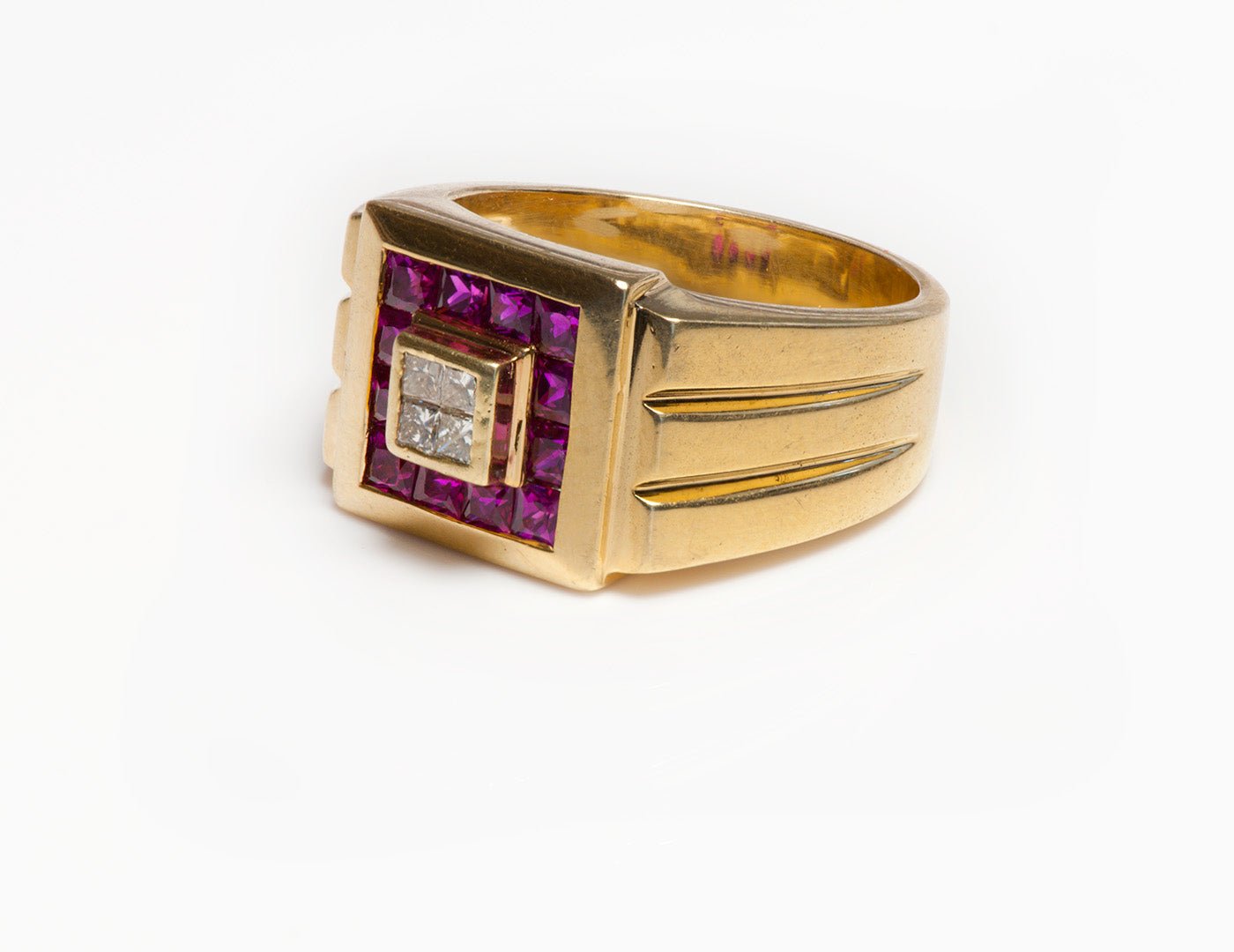 Vintage 18K Yellow Gold Ruby Diamond Men's Ring