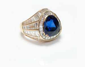 Royal Blue Sapphire Baguette & Square Cut Diamond 18K Gold Ring