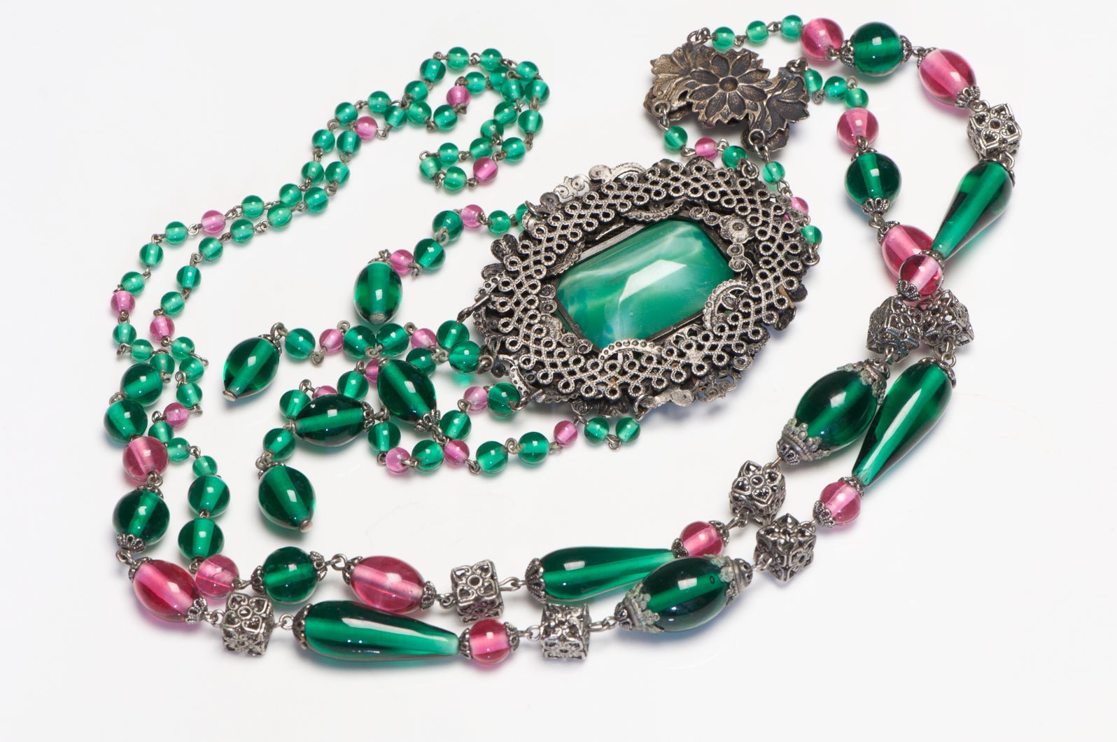 Vintage 1930's Czech Green Pink Glass Beads Crystal Flapper Necklace
