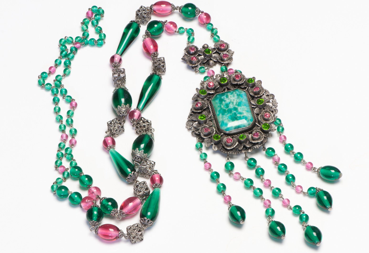Vintage 1930's Czech Green Pink Glass Beads Crystal Flapper Necklace