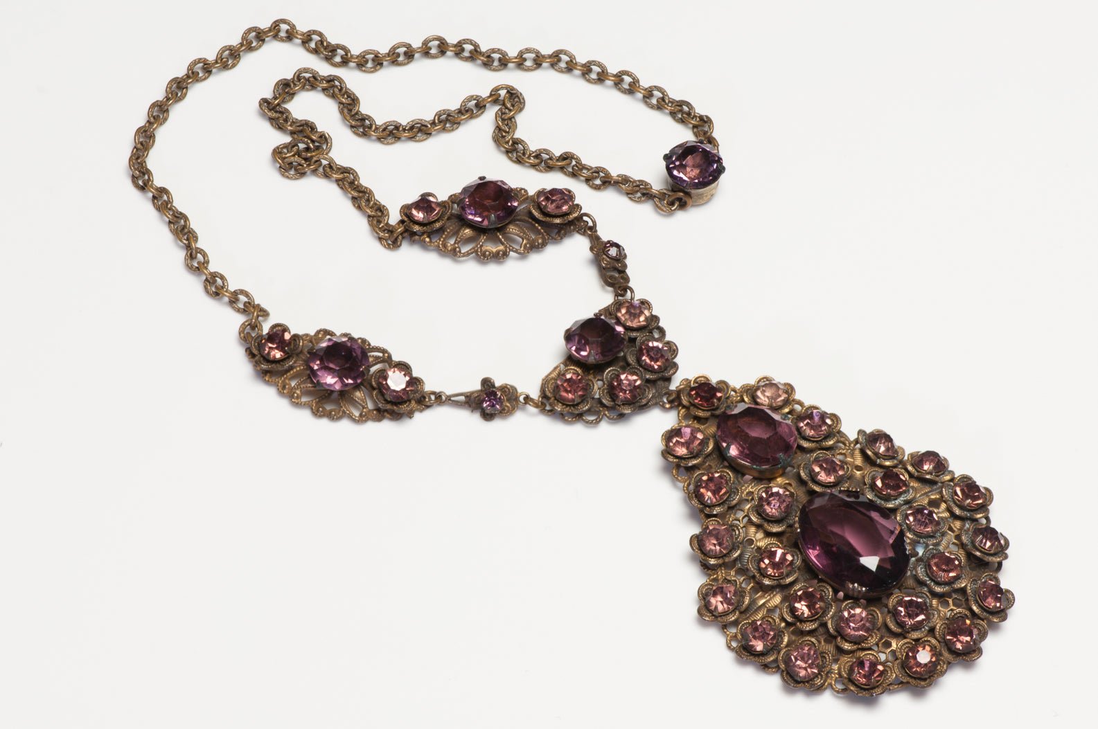 Vintage 1930’s Czech Purple Crystal Flower Pendant Necklace